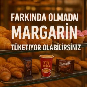 Farkında olmadan margarin tüketiyor olabilirsiniz yazıyor. Arkaplanda pastane ve vitrindeki poğaçalr var.