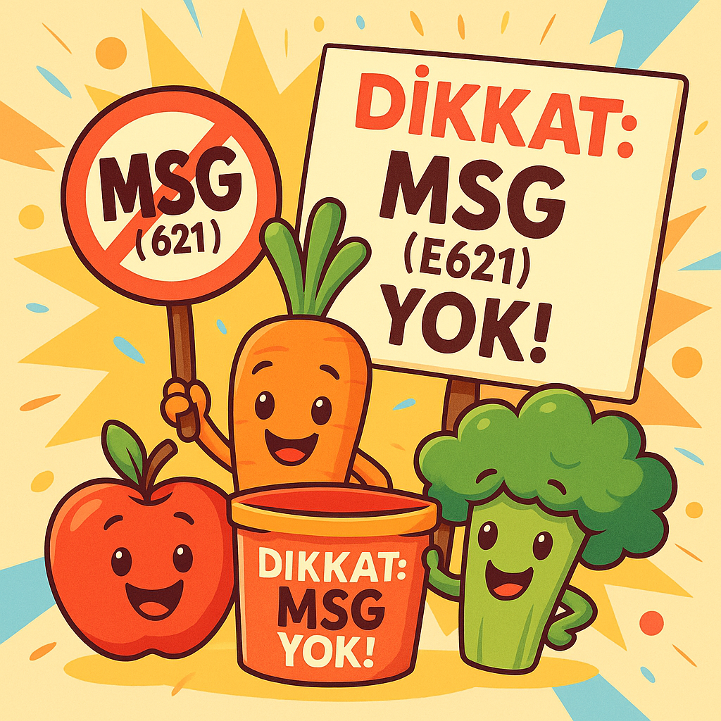 Çizgi film tarzı bir elma, havuç ve brokoli karakteri, ellerinde ‘DİKKAT: MSG (E621) YOK!’ yazılı pankartlar tutuyor; pastel renkli neşeli bir arka plan.”