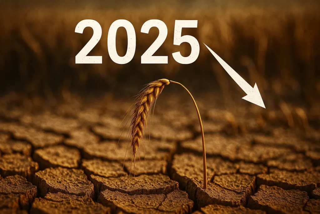 2025 Bitkisel Üretim Tahmini: Buğday Üretiminde Düşüş Sinyali Çatlamış kuru toprak üzerinde başını eğmiş tek bir buğday başağı ve üstünde “2025” yazısı ile aşağı yönlü ok işareti.