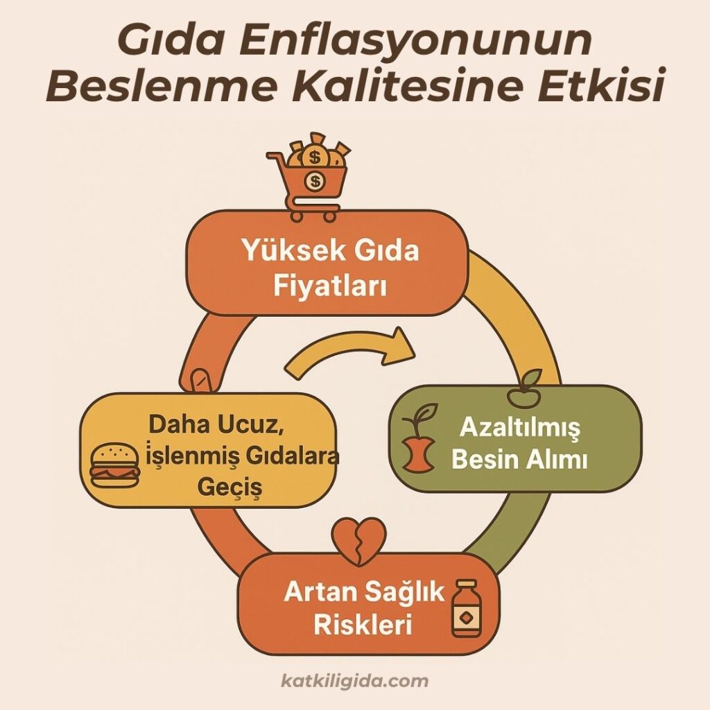 Gıda enflasyonunun beslenme kalitesi ve sağlık üzerindeki etkilerini özetleyen infografik.