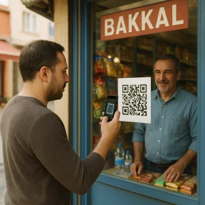 gıda işletmelerine karekod zorunluluğu geldi ve bunu gösteren bir resim. Bir adam bakkalın camında asılı olan karekodu telefonuyla okutuyor.