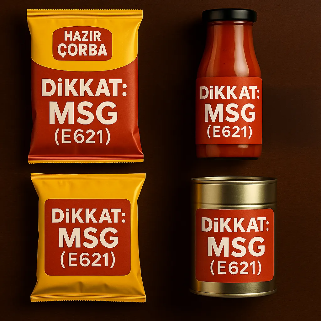Kare formatta, üstten bakış açısıyla bir masada hazır çorba paketi, cips paketi, sos şişesi ve konserve kutusu yer alıyor; her bir ürünün üzerinde doğrudan paket tasarımının bir parçası olarak kırmızı ‘DİKKAT: MSG (E621)’ yazısı bulunuyor.