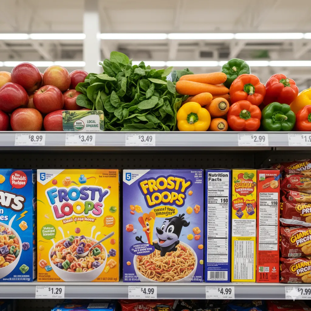 Gıda enflasyonu nedeniyle sağlıklı besinler ile işlenmiş ve uygun fiyatlı ürünler arasındaki fiyat farkını gösteren süpermarket rafı.